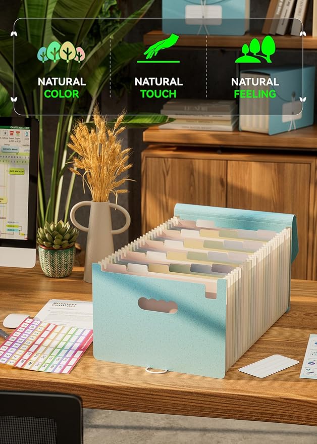 Accordion File Organizer, 26 Pockets Wheat Straw Expanding File Folder, Monthly Bill Receipt Organizer, A-Z Tabs, 100% BPA Free, Return to Nature, Healthy Living, Letter/A4 Size - Sky Blue