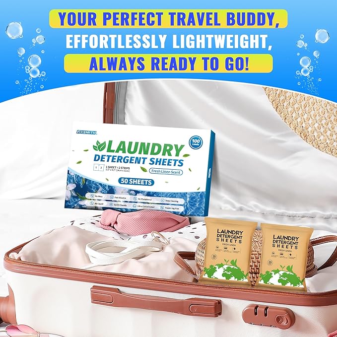 FIXSMITH Laundry Detergent Sheets - 100 Loads (50 Sheets) Fresh Linen Scent - Hypoallergenic, Laundry Detergent Strips Ultra-Concentrated Travel Detergent Sheets.Plastic-Free,Liquidless.