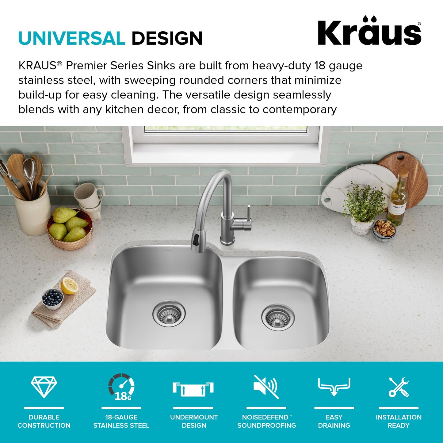 KRAUS Premier 32-inch Undermount 60/40 Double Bowl with Low Divider 18-Gauge Stainless Steel Kitchen Sink with Strainers (x2), KBU24
