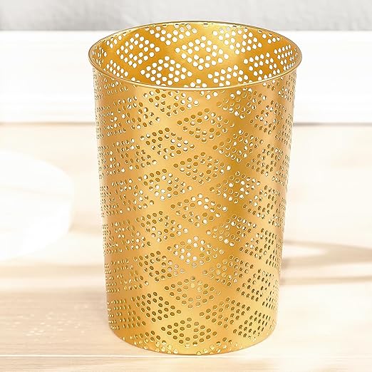 Metal Gold Trash Can, Modern Cylindrical Gold Garbage Can, Metal Waste Basket for Office Bathroom Bedroom & Small Spaces, 7.28" D x 10" H