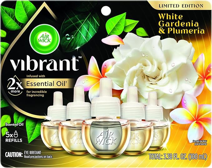 Air Wick Plug In Scented Oil Refills, White Gardenia+Plumeria, Air Fresheners for Home Long Lasting, Room Fresheners,Air Freshener Plug In, Essential Oils, Home Essentials for Small&Large Spaces,5 ct