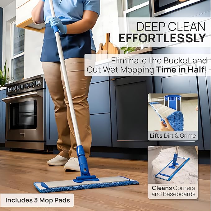 Microfiber Wholesale 24" Microfiber Mop System - Clean & Dust Hardwood, Laminate, & Tile Floors, Reusable Mop Heads, Adjustable Handle, Washable Micro Fiber Wet & Dry Pads, Industrial & Commercial