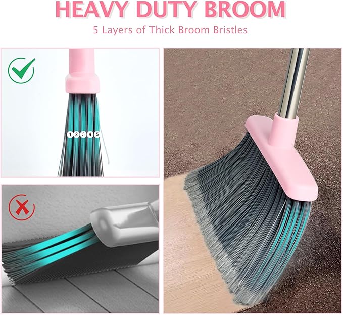 Broom and Dustpan Set, Dustpans with Broom Combo for Home, Heavy Dust Broom and Dustpan Combo, Long Handle Dust Pan and Broom Set for Kitchen, Office, Pet Hair(Gray Pink)