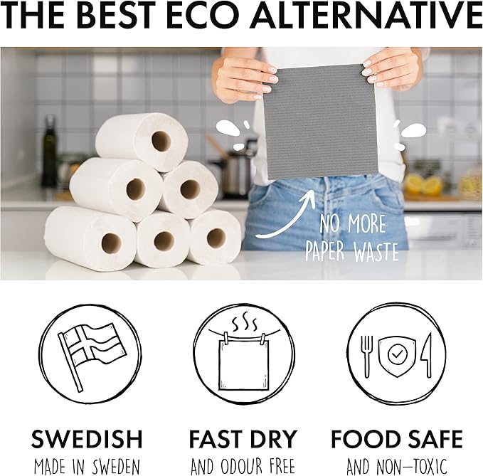 SUPERSCANDI 6 Pack Swedish Dishcloths for Kitchen - 100% Biodegradable & Compostable Reusable Paper Towels Washable, Food-Safe & Without Plastic - Dish Rags Suitable for Any Surface, White