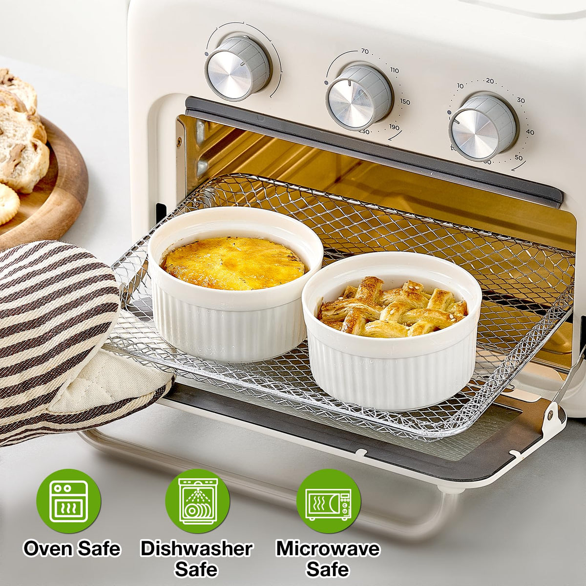 Mfacoy Ramekins with Lids Set of 6, 8 oz Porcelain Creme Brulee Souffle Ramekins with Covers, White Pudding Custard Cups Ramiken for Baking, Small Bowls for Sauces Dessert, Dishwasher and Oven Safe