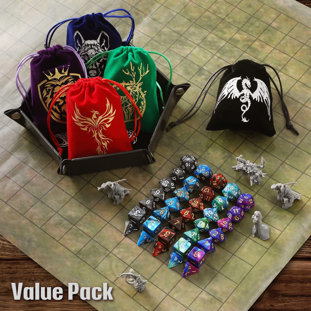 Grajar 35Pcs DND Dice Set with 5 Colorful Animal Patterned Dice Pouches, Polyhedral Dice Sets for Dungeons and Dragons D&D TTRPG MTG Table Role Playing Games