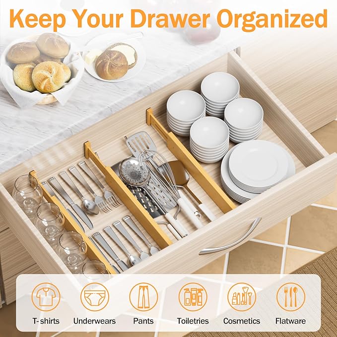 BAMBUROBA Bamboo Drawer Dividers, Adjustable Kitchen Drawer Organizer for Clothes,17-22" Expandable Drawer Organization Separators for Bedroom,Bathroom,Dresser and Office,6-Pack