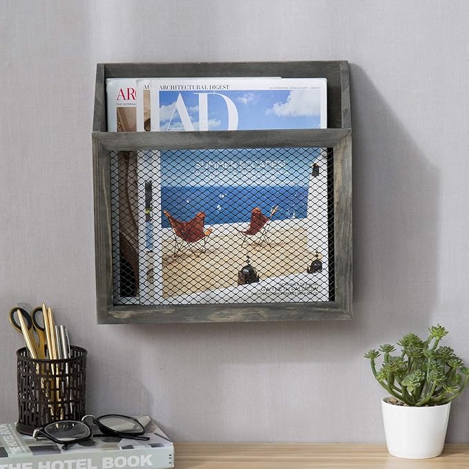 MyGift Rustic Magazine Holder Vintage Gray Wood and Chicken Wire Design Wall Mounted/Tabletop Mail Sorter, Farmhouse Home, Bathroom, Office Magazine Rack