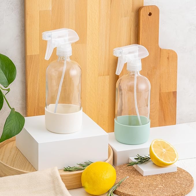 Vine Creations Glass Spray Bottles for Cleaning Solutions, Clear Glass Spray Bottle with Silicone Sleeve, 16 oz Empty Spray Bottles for Cleaning, Plant Spray Bottle, Mist and Stream Nozzle - 2 Pack