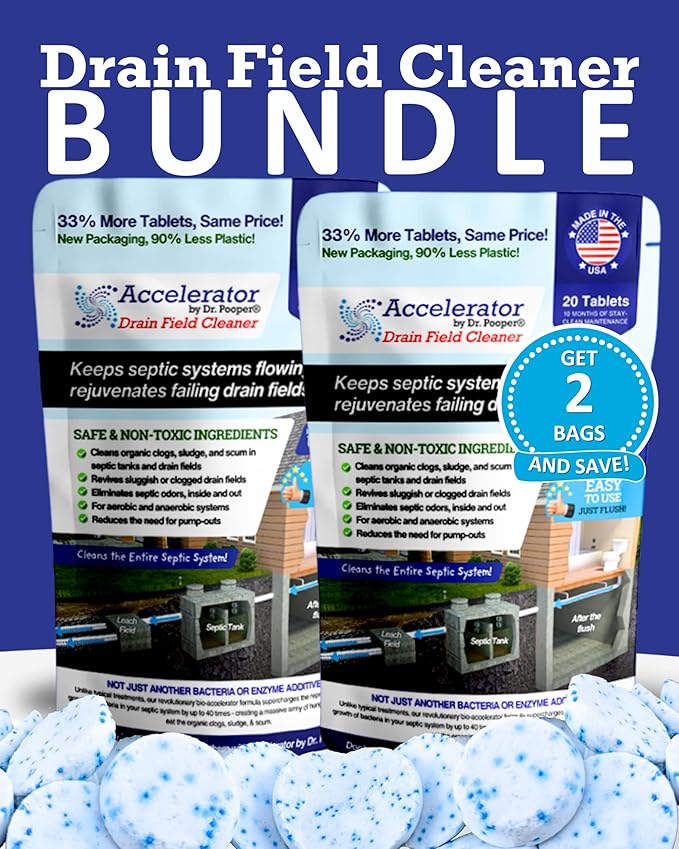 2-Pack Value BUNDLE of Drain Field Cleaner Tablets by Dr Pooper. Clears Septic Tanks and Drain Fields of Tough Clogs, Scum, Sludge AND Eliminates Odors FAST - Aerobic & Anaerobic Systems, Just Flush