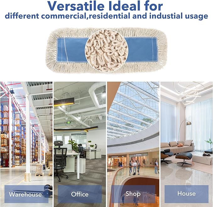 Matthew Cleaning 24'' Industrial Strength Cotton Dust Mop Refill Washable Replacement Heads for Residential & Commercial Use Fit Standard Dust Mop Frames, Hardwood,Concrete Floors Blue&White 1 Pack