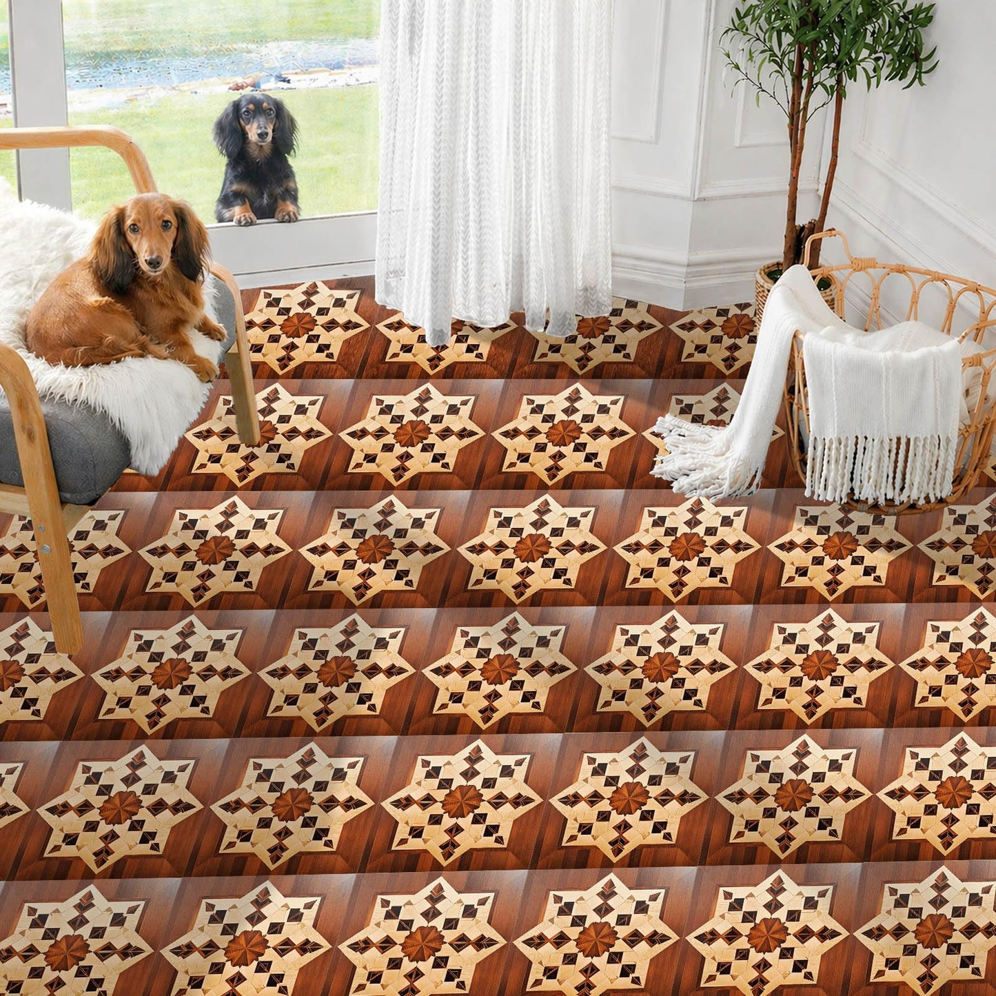 IVN 10 Piece Peel and Stick Floor Tile 12 X 12 Inch PVC Vinyl Flooring Removable No Sticky Residue Decal for Bathroom Kitchen Fireplace Stairs Brown Wood Geometric Pattern