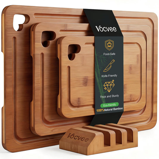 Vocvee Bamboo Cutting Boards for Kitchen(Set of 3), Wood Cutting Board with Wood Storage Stand, Charcuterie & Chopping Board for Vegetables and Meat, with Deep Juice Groove, Ideal Kitchen Gifts