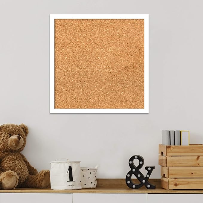 Amanti Art Natural Cork Board for Wall, 17x17 Vision Board with White Frame, Small Corkboard Office Decor for Home Organization, Modern Corkboard Pinboard to Display Items for Home Organization in