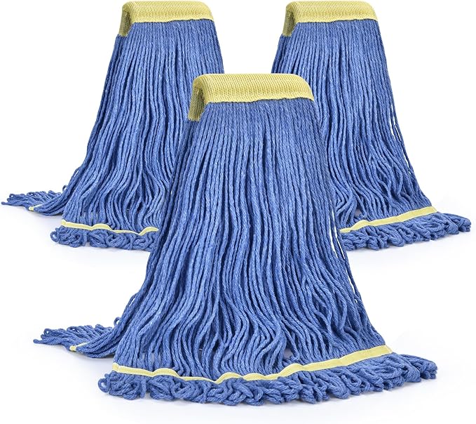 Matthew Cleaning Commercial Mop Head Replacement, 5 Inch Wide Headband, Looped End Cotton Blend String Wet Mops for Floor Cleaning, 24 oz Large, 3-Pack Blue