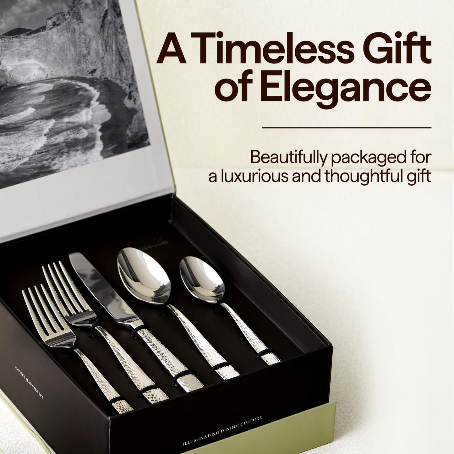 Luciella Ponza Flatware Set for 12, 65-Piece Stainless Steel Silverware Set with Serving Utensils, Timeless Hammered Design, Rust-Resistant, Mirror Polished & Dishwasher Safe Mothers Day Gifts