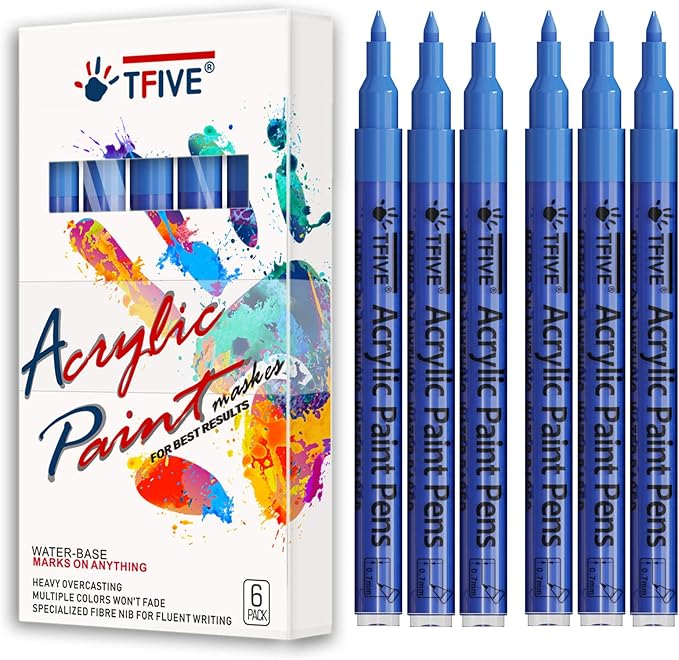 Blue Marker Paint Pens - 6 Pack Acrylic Blue Permanent Marker, 0.7mm Extra Fine Tip Paint Pen for Art projects, Drawing, Rock Painting, Stone, Ceramic, Glass, Wood, Plastic, Metal, Canvas DIY Crafts