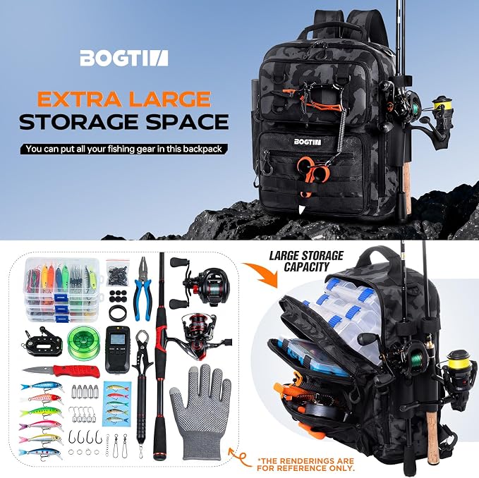 Fishing Backpack with Tackle Boxes and Rod Holders, Fishing Bag with Fishing Lure Kit Water-resistant Sling Tackle Bag Store Gear and Equipment, Bait Gifts for Men Woman Anglers-Black Camo Backpack