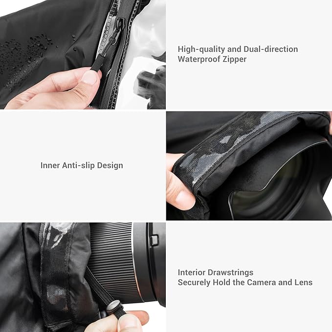 JJC Camera Rain Cover Sleeve for Canon Nikon Sony Fujifilm Mirrorless Camera with Lens Below 7.1x5.5x9.1” (WxHxD), Nylon Camera Rain Coat Protector with Zippered See Through Windows-Black
