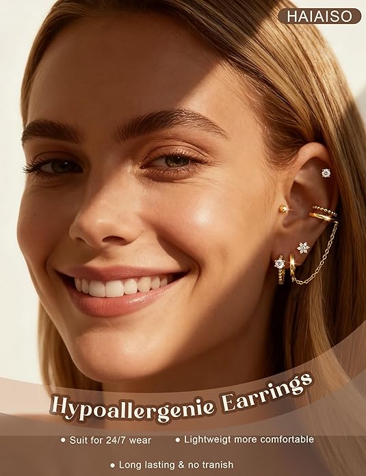 HAIAISO Small 14K Gold Plated Huggie Hoop Earrings for Women Lightweight Double Piercing Chain Earrings Dainty Stud Earrings Hypoallergenic 14K Gold Plated Hoop Earrings Set