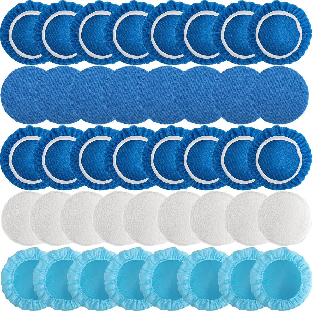 40 Piece Car Polisher Pad Set, Mix Pack of 24 Microfiber, 8 Non Woven, 8 Woolen Bonnets, 8-9 Inch, Dark Blue, Light Blue, White, Suitable for Metals, Woods, Other Hard Surfaces