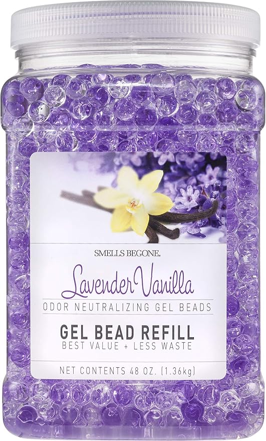 SMELLS BEGONE 48 oz Odor Eliminator Gel Bead Refill - Eliminates Odor from Bathrooms, Boats, Cars, RVs & Pet Areas - Made with Essential Oils - Lavender Vanilla Scent