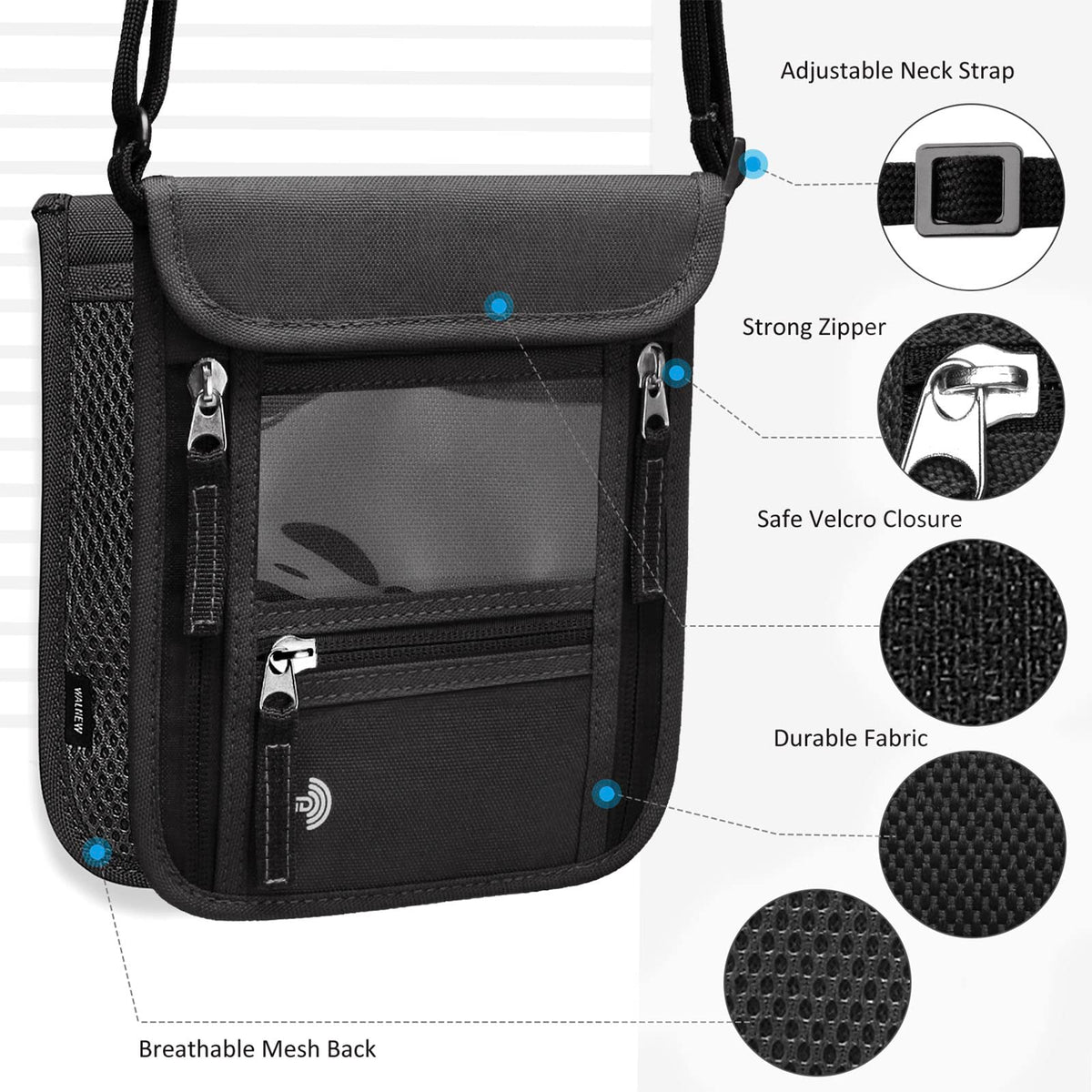 WALNEW Passport Holder Neck Pouch Travel Wallet for Women and Men, RFID Blocking Security Slim Traveling Wallet with Around Neck Lanyard Strap, Black