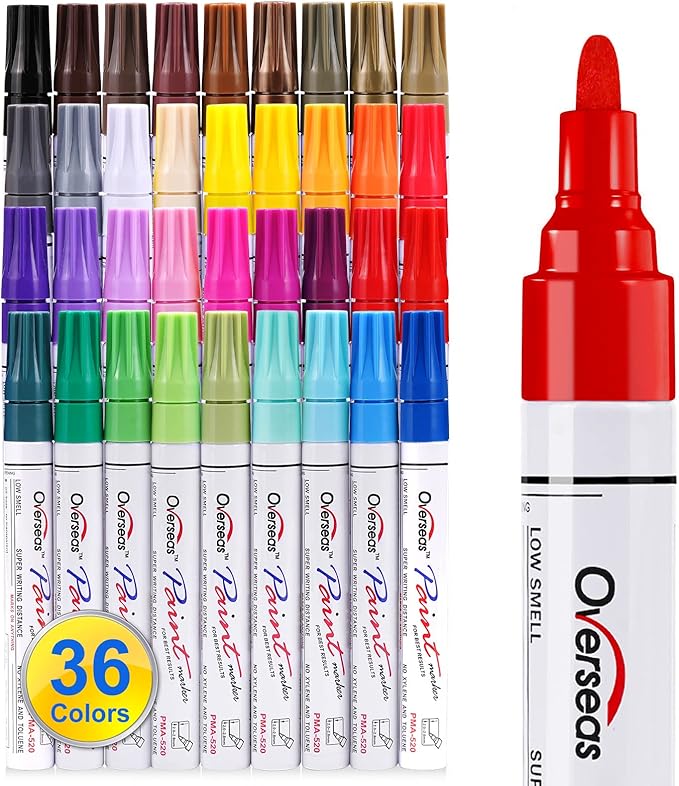 Overseas 36 Colors Paint Marker Pens - Permanent Oil Based Paint Markers, Medium Tip, Quick Drying, Waterproof Assorted Colors Marker Pen for Metal, Wood, Plastic, Rock, Stone, Rubber, Canvas, Glass