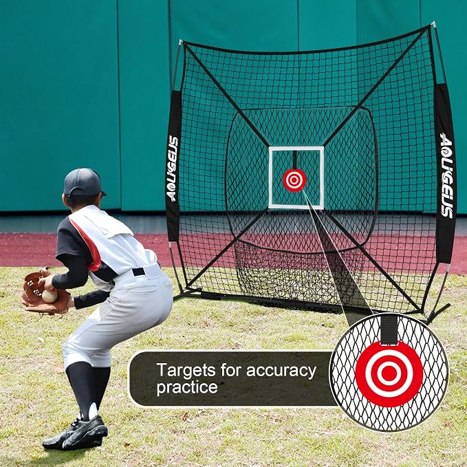 6'X6' Baseball Softball Practice Net,Pitching Net,Batting Net,with Baseball Tee,Bonus Strike Zone,Target and Bow Frame,for Hitting,Pitching,Catching