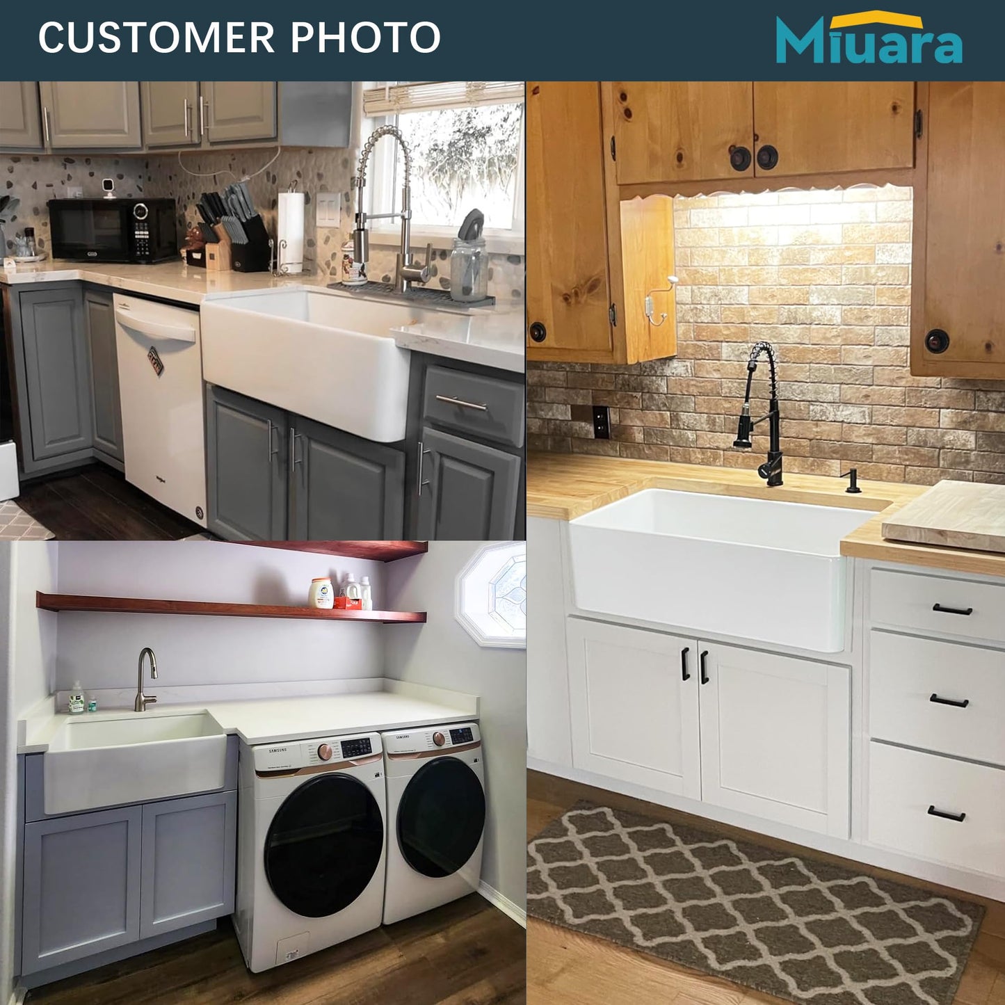 Miuara Farmhouse Sink 30 Inch - White Apron Front Kitchen Sink Reversible 30"x18", Undermount Farm House Style Single Bowl, Heavy Duty Solid Fireclay, Glossy White, for Kitchen & Laundry