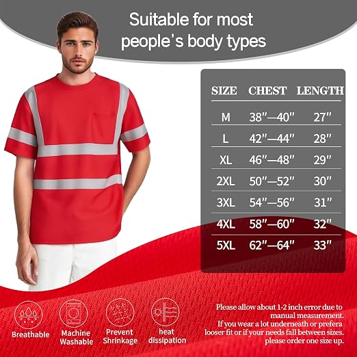 sesafety Safety Reflective Shirtst, Class 2 High Visibility Shirts for Men Construction Work Mesh Short Sleeve Red XS