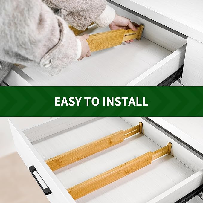 VaeFae 6-Pack Bamboo Drawer Dividers – Adjustable 14"-19.1" (Fits 15"-18" Drawers ONLY), Spring-Loaded Expandable Organizer for Kitchen, Bedroom, Office & Bathroom, MUST MEASURE Before Purchase