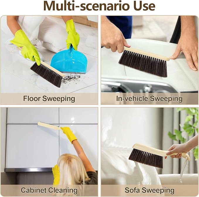 Handheld Dusting Cleaning Brushes Wood Handle Soft Bristle Small Broom, for Clean Dust, 2 Pack, Brown