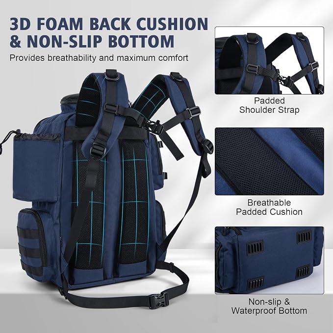 Goture Fishing Backpack,900D Water-Resistant Tackle Backpack with Rod Holders, SBS Zippers,45L Large Fishing Bag Storage Gear Tackle Bag with Rain Cover, Bottle Holder for Travel Camping Hiking