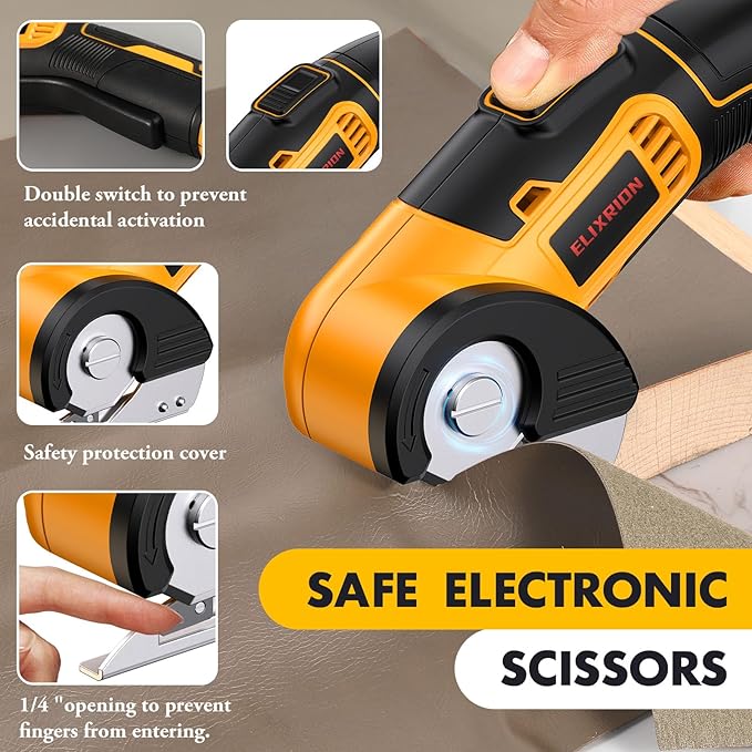 Cordless Electric Scissors Rotary Cutter with 2 Blades | 4V 2000mAh Rechargeable | Heavy Duty for Cardboard Fabric Carpet Leather | Lightweight Portable (Yellow)