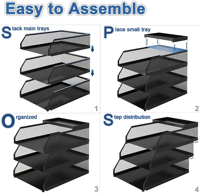 Natwind 3-Tier Stackable Paper Tray, Metal Mesh Desktop Organizer, Paper Sorter, Letter Trays,File Document Storage Rack for for Home, Office, School (Black)