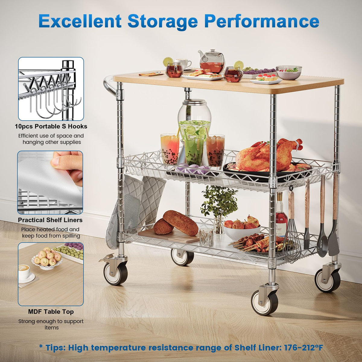 Leteuke Rolling Kitchen Carts with Wheels, 34" L x 17.5" W, 3-Tier Heavy Duty Utility Cart with Wood Tabletop, NSF Commercial Metal Serving Cart with Handle and Shelf Liner for Kitchen, Chrome