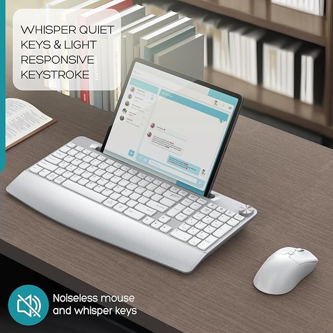 Wireless Keyboard and Mouse - Full-Sized Ergonomic Keyboard with Wrist Rest, Phone Holder, Volume Knob,2.4GHz Silent Cordless Keyboard Mouse Combo for Computer, Laptop, PC, Mac, Windows -White