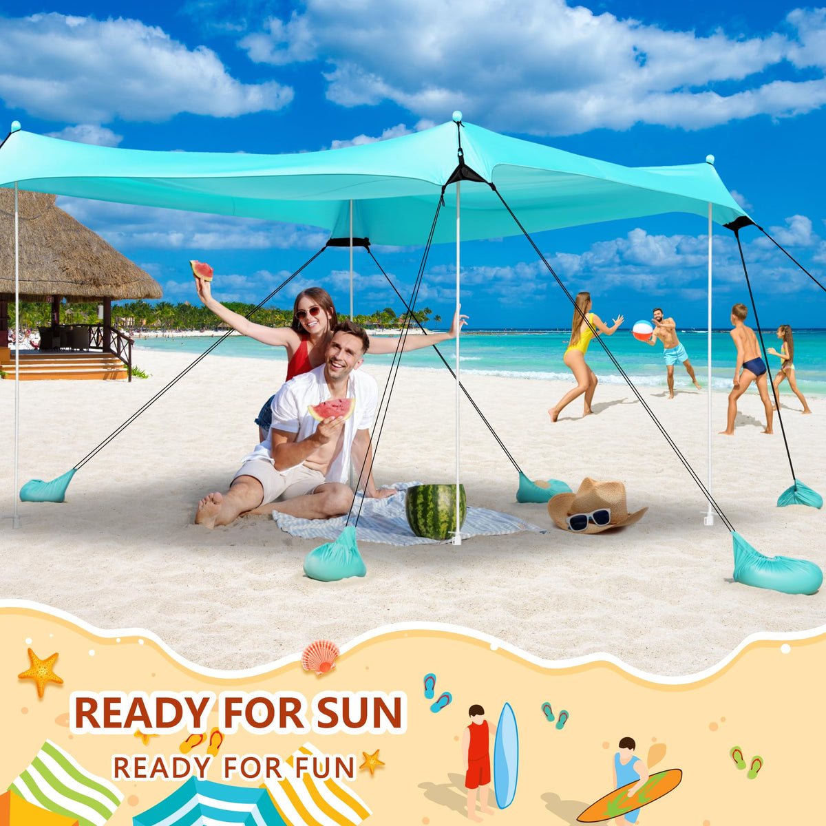 Beach Tent, Camping Tent UPF50+ with 8 Sandbags, Beach Essentials for 6-12 Persons, Beach Shade Canopy with Stability Poles and Big Ground Pegs, Pop Up Canopy for Camping, Picnics, 10X10FT Turquoise