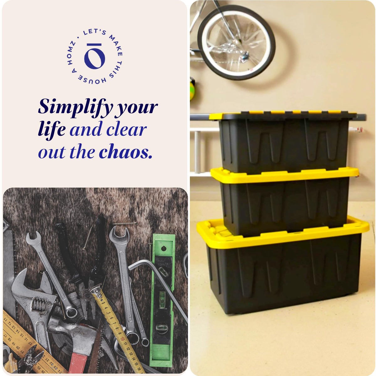 HOMZ 2-Pack Durabilt, Heavy Duty Plastic Storage Bins with Lids, 27 Gallon, Black/Yellow - Stackable Container Boxes for Home, Attic, and Garage Organization