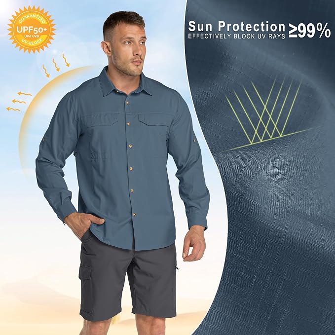 33,000ft Men's Long Sleeve Hiking Shirts Lightweight Quick Dry Sun Protection UV UPF 50 Fishing Shirt Outdoor Safari Travel