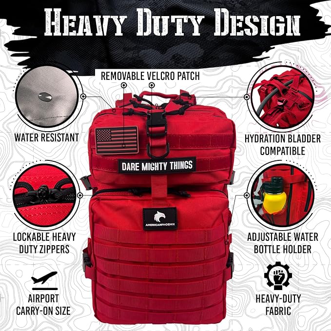 AMERICANPHOENIX 45L Elite Tactical Backpack | 3X Stronger Work & Military Backpack | Water Resistant and Heavy Duty | 3 Day MOLLE Bug Out Bag (Scarlet Sage)