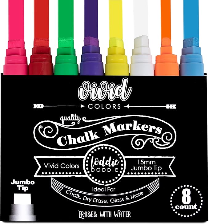 Loddie Doddie Jumbo Chalkboard Markers Pack - 8 Vivid Neon Colors - 15mm Chisel Tip - Erasable Liquid Ink for Signs, Blackboard, Car Window & Bistro - Neon Chalk Markers