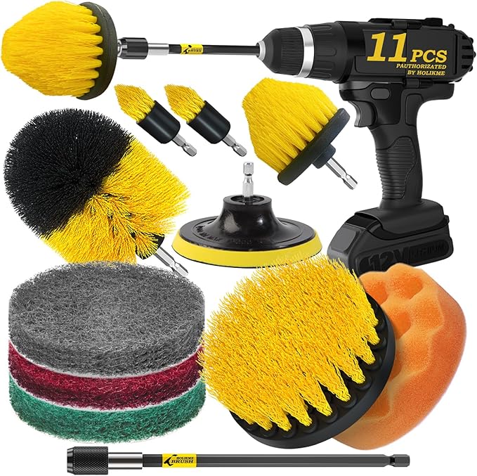 Holikme 11 Piece Drill Brush Attachment Set Scouring Pads Power Scrubber Brush Scrub Pads for Bathroom Surfaces, Floor, Tub, Shower, Grout, Tile, Corners,Cleaning Brush