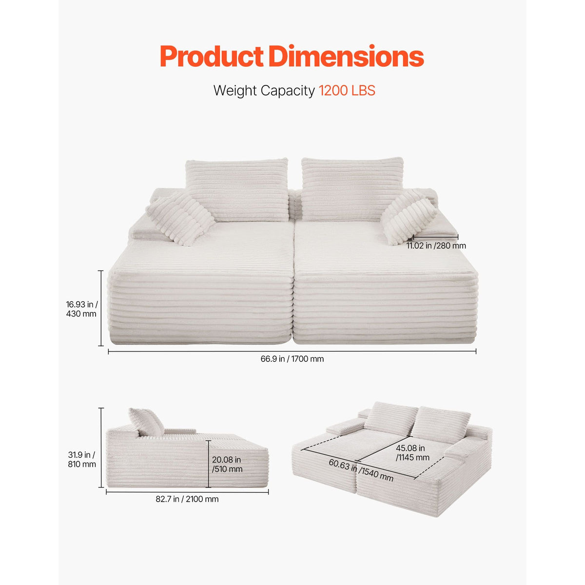82.7-Inch Oversized Double Chaise Lounge, Corduroy Fabric Sectional Sofa, Cozy Deep Seat Loveseat Sofa with Soft Cushions and Throw Pillows for Living Room Bedroom, No Assembly Required, Beige