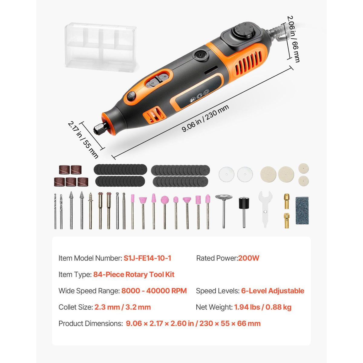 84-Piece Rotary Tool Kit, 200W Mini Power Rotary Tool Corded , 6-Level Speed 8000-40000 RPM Multi-Purpose DIY Tools for Engraving, Sanding, Polishing, Carving, Grinding, Cutting, DIY Crafts