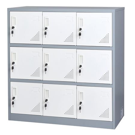 9 Doors Metal Locker, Lockable Steel Storage Cabinet, 66 lbs Loading Capacity, 2 Keys for Each Door, 3 Tiers Employee Lockers for Office, School, Gym, Easy Assembly, 35.4 x 17.7 x 37 in, Gray
