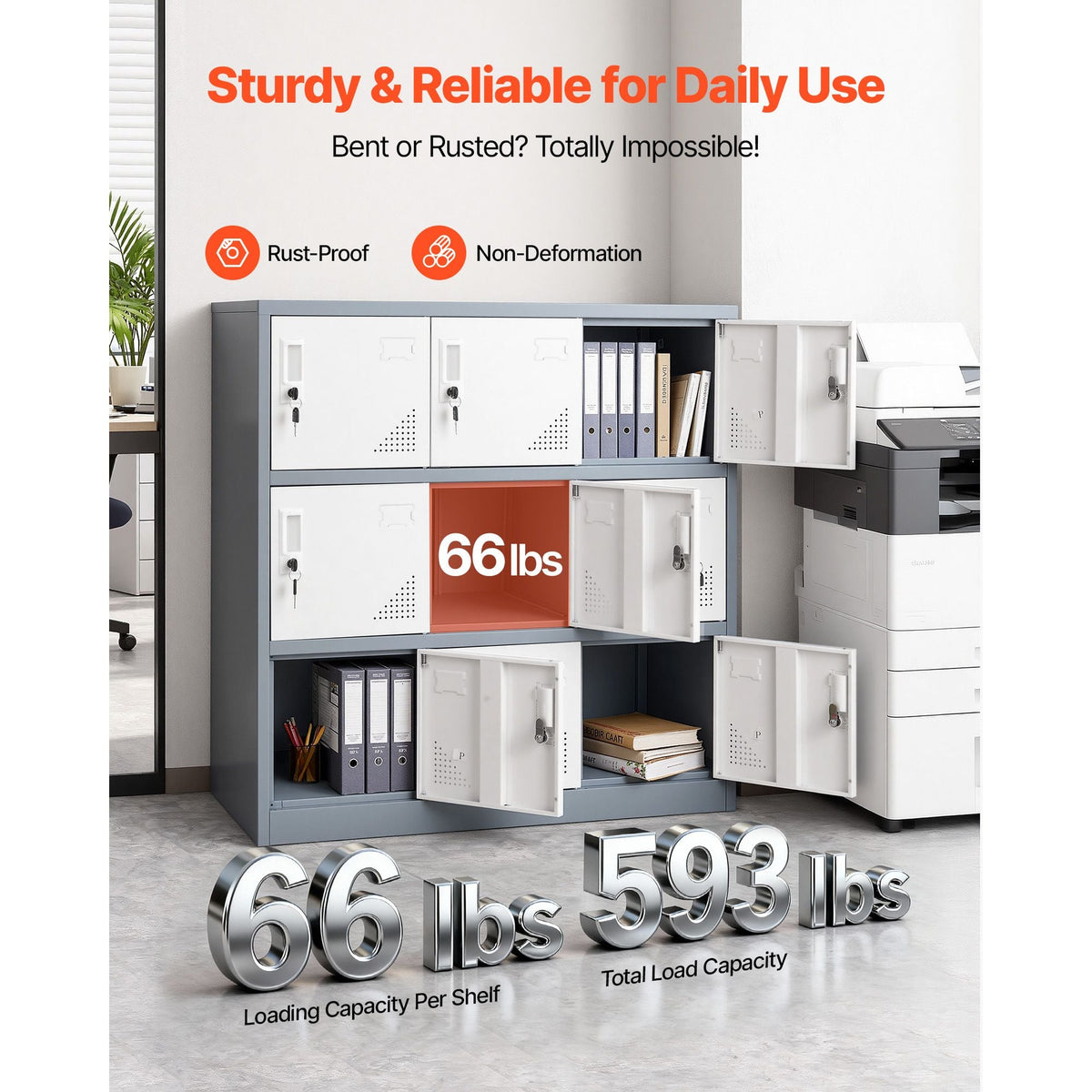 9 Doors Metal Locker, Lockable Steel Storage Cabinet, 66 lbs Loading Capacity, 2 Keys for Each Door, 3 Tiers Employee Lockers for Office, School, Gym, Easy Assembly, 35.4 x 17.7 x 37 in, Gray