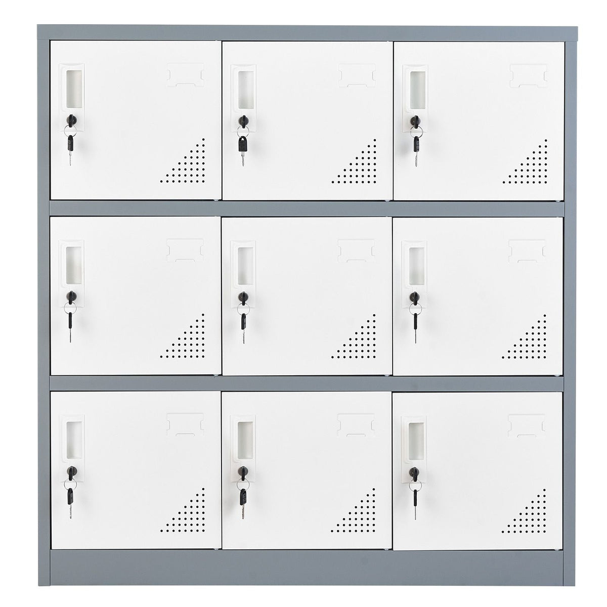 9 Doors Metal Locker, Lockable Steel Storage Cabinet, 66 lbs Loading Capacity, 2 Keys for Each Door, 3 Tiers Employee Lockers for Office, School, Gym, Easy Assembly, 35.4 x 17.7 x 37 in, Gray