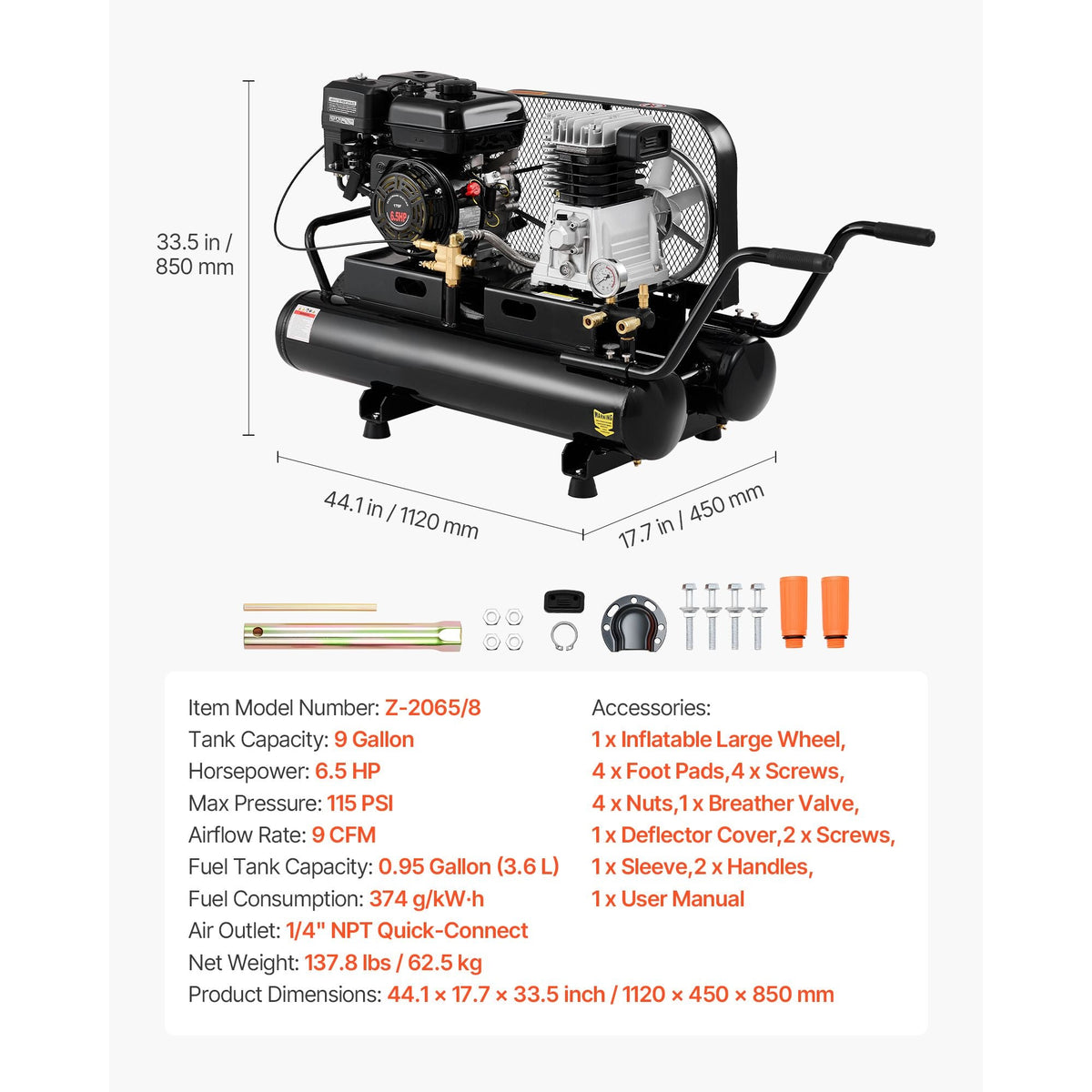 9 Gallon Twin-Tank Gas Powered Air Compressor, 6.5HP 9CFM Gas Driven Air Compressor Tank on Wheel, Max 115PSI Piston Pump Air-Compressed System for Tire Inflation, Auto Repairs, Spray Painting